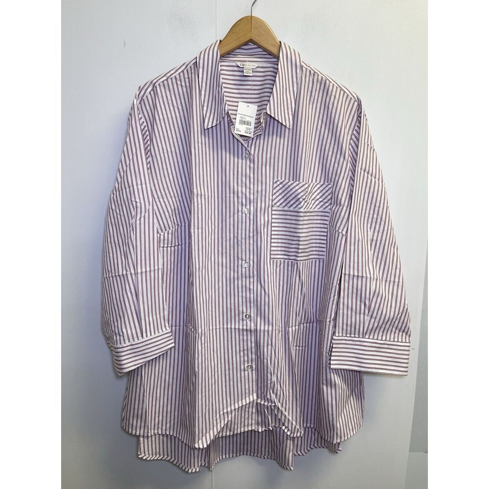 CATO Women's 22/24W Button Up Shirt Tunic White Striped Cotton 3/4 Sleeve
